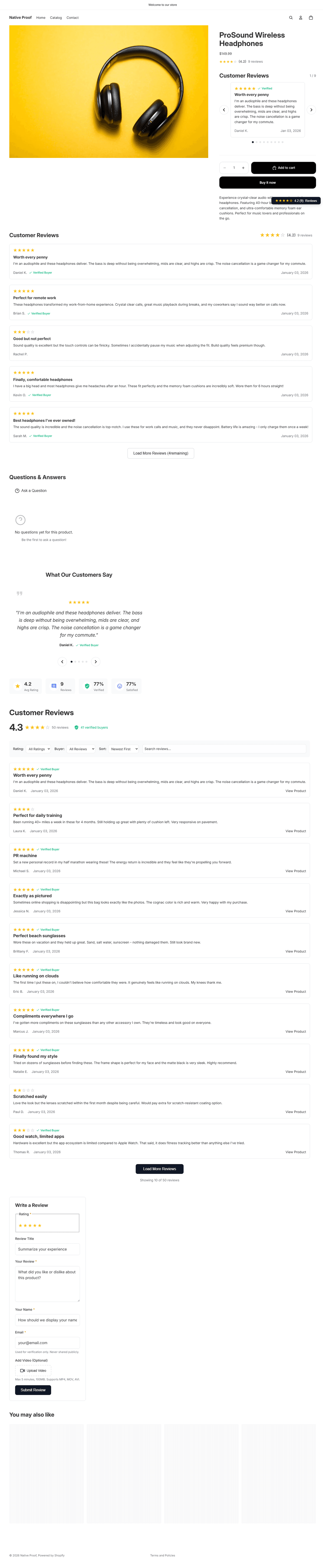 Cards carousel widget displaying customer reviews in a mobile-friendly swipeable format